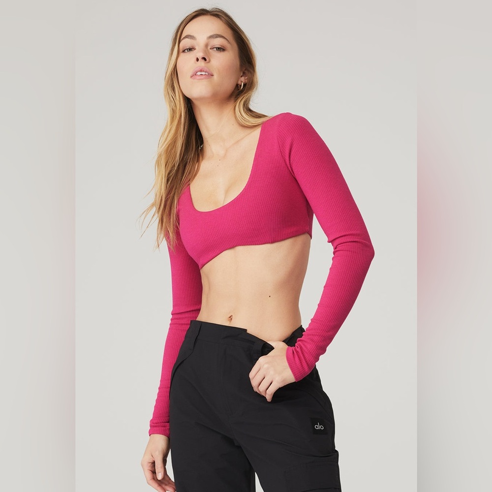 Alo Yoga Ribbed Defined Long Sleeve Bra in
Magenta Crush